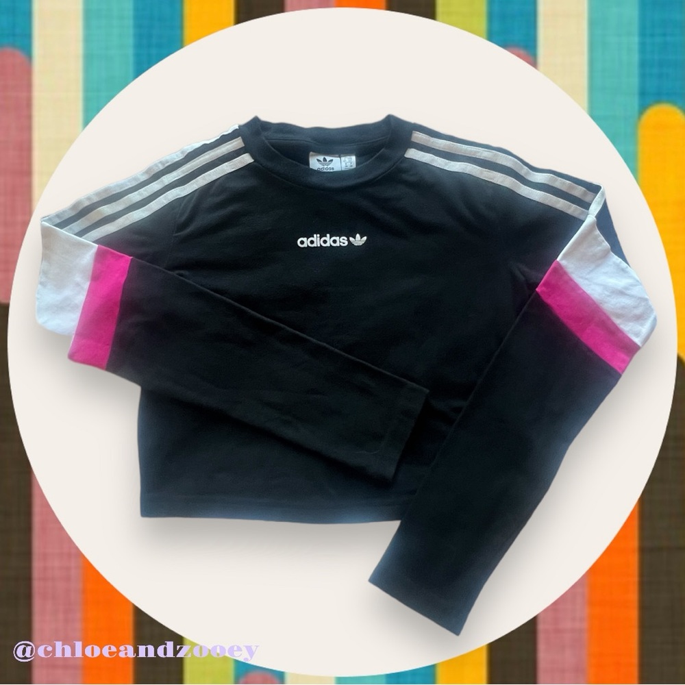 Adidas Originals Color Block 90s Retro Style Long Sleeve Crop Black Hot Pink